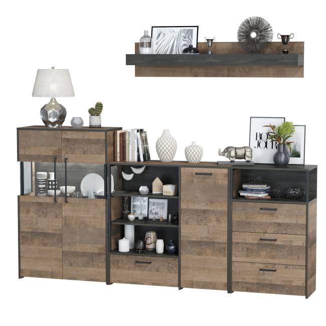 Комод с витриной с подсветкой с комодом с ящиком и дверкой и с комодом три ящика и ниша Трувор цвет дуб гранж песочный/интра Комод с витриной с подсветкой с комодом с ящиком и дверкой и с комодом три ящика и ниша Трувор цвет дуб гранж песочный/интра