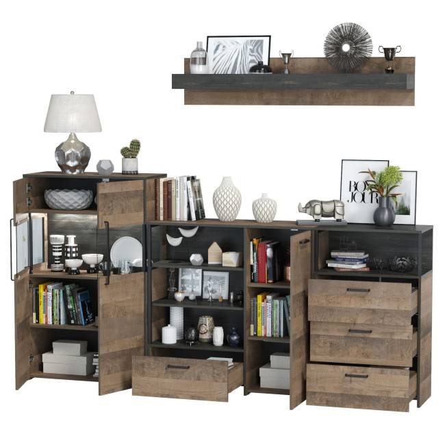 Комод с витриной с подсветкой с комодом с ящиком и дверкой и с комодом три ящика и ниша Трувор цвет дуб гранж песочный/интра Комод с витриной с подсветкой с комодом с ящиком и дверкой и с комодом три ящика и ниша Трувор цвет дуб гранж песочный/интра