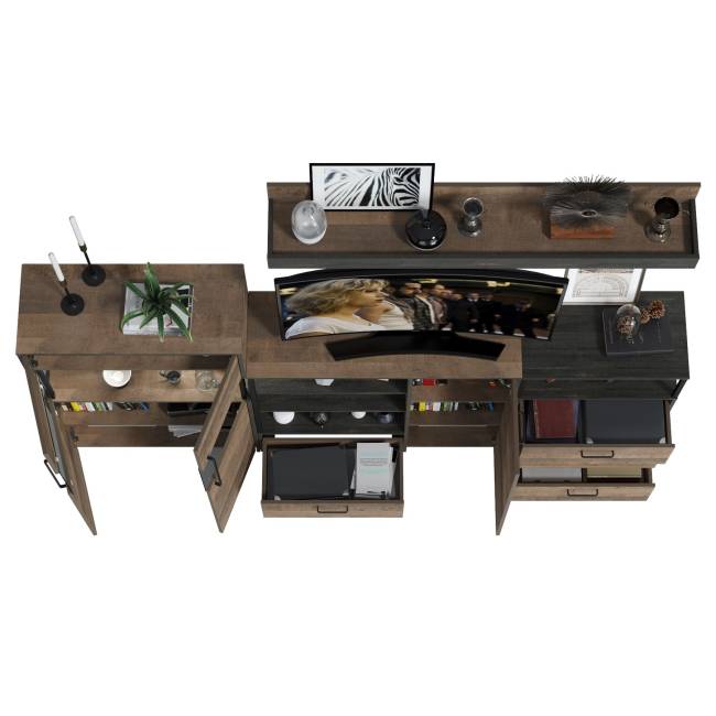 Комод с витриной с подсветкой с комодом с ящиком и дверкой и с комодом три ящика и ниша Трувор цвет дуб гранж песочный/интра Комод с витриной с подсветкой с комодом с ящиком и дверкой и с комодом три ящика и ниша Трувор цвет дуб гранж песочный/интра