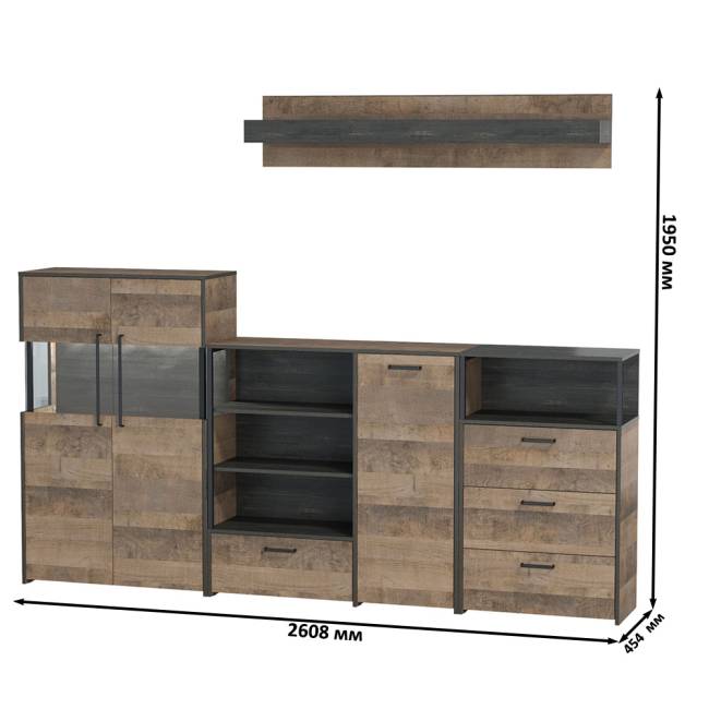 Комод с витриной с подсветкой с комодом с ящиком и дверкой и с комодом три ящика и ниша Трувор цвет дуб гранж песочный/интра Комод с витриной с подсветкой с комодом с ящиком и дверкой и с комодом три ящика и ниша Трувор цвет дуб гранж песочный/интра