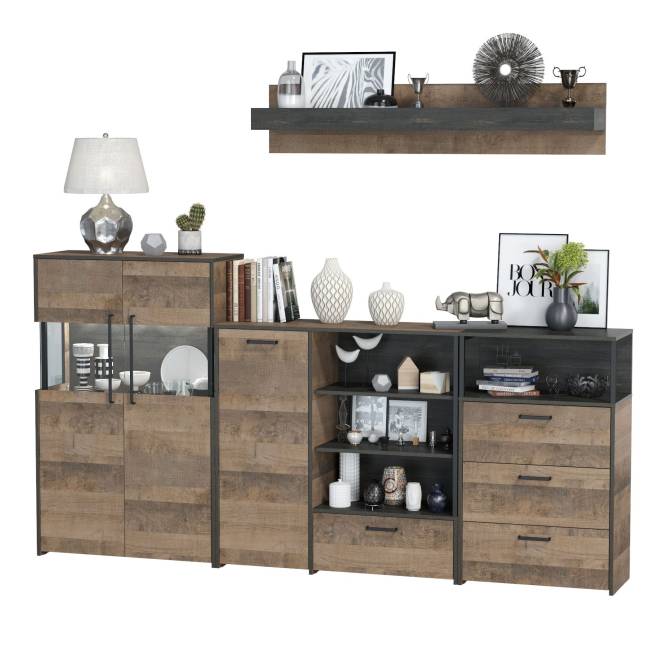 Комод с витриной с подсветкой с комодом с ящиком и дверкой и с комодом три ящика и ниша Трувор цвет дуб гранж песочный/интра Комод с витриной с подсветкой с комодом с ящиком и дверкой и с комодом три ящика и ниша Трувор цвет дуб гранж песочный/интра