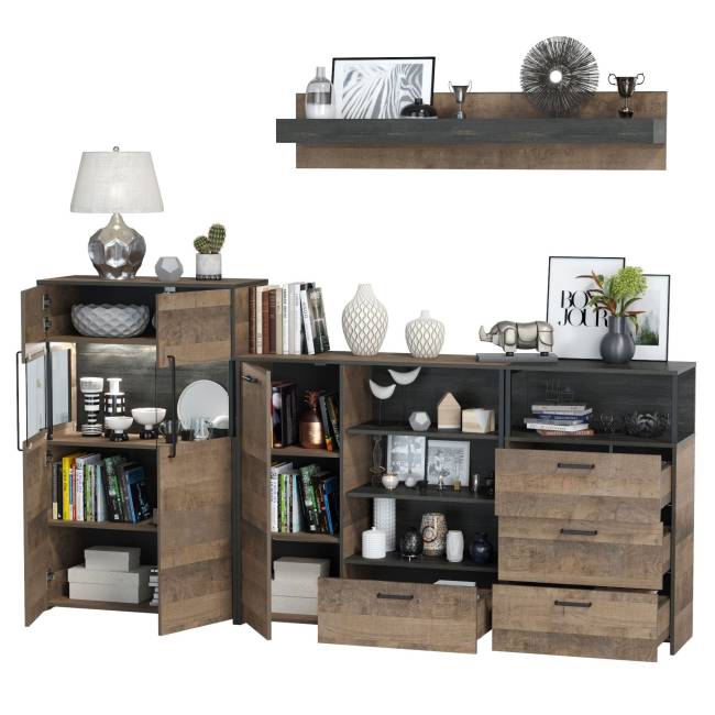 Комод с витриной с подсветкой с комодом с ящиком и дверкой и с комодом три ящика и ниша Трувор цвет дуб гранж песочный/интра Комод с витриной с подсветкой с комодом с ящиком и дверкой и с комодом три ящика и ниша Трувор цвет дуб гранж песочный/интра