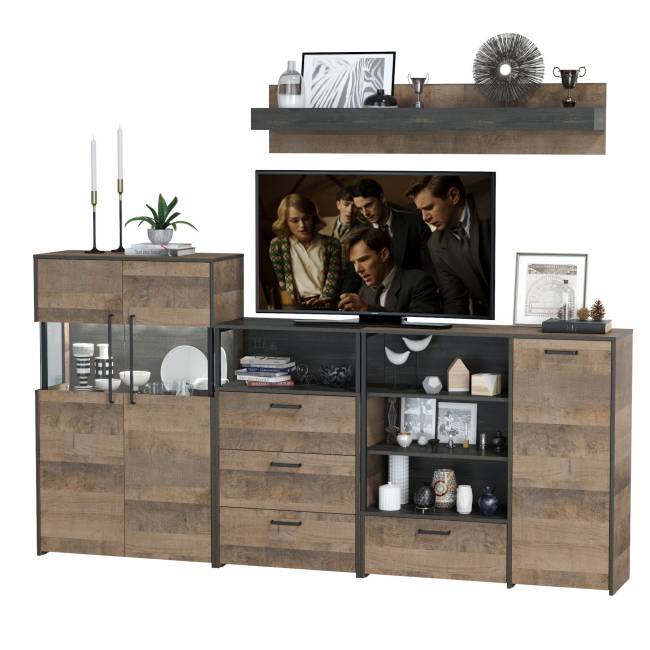 Комод с витриной с подсветкой с комодом с ящиком и дверкой и с комодом три ящика и ниша Трувор цвет дуб гранж песочный/интра Комод с витриной с подсветкой с комодом с ящиком и дверкой и с комодом три ящика и ниша Трувор цвет дуб гранж песочный/интра