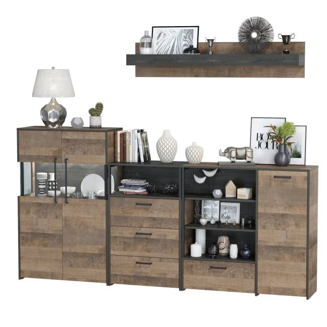 Комод с витриной с подсветкой с комодом с ящиком и дверкой и с комодом три ящика и ниша Трувор цвет дуб гранж песочный/интра Комод с витриной с подсветкой с комодом с ящиком и дверкой и с комодом три ящика и ниша Трувор цвет дуб гранж песочный/интра