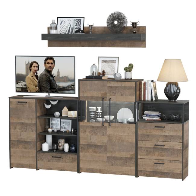 Комод с витриной с подсветкой с комодом с ящиком и дверкой и с комодом три ящика и ниша Трувор цвет дуб гранж песочный/интра Комод с витриной с подсветкой с комодом с ящиком и дверкой и с комодом три ящика и ниша Трувор цвет дуб гранж песочный/интра