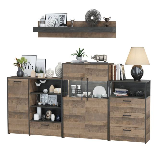 Комод с витриной с подсветкой с комодом с ящиком и дверкой и с комодом три ящика и ниша Трувор цвет дуб гранж песочный/интра Комод с витриной с подсветкой с комодом с ящиком и дверкой и с комодом три ящика и ниша Трувор цвет дуб гранж песочный/интра