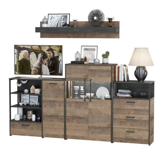 Комод с витриной с подсветкой с комодом с ящиком и дверкой и с комодом три ящика и ниша Трувор цвет дуб гранж песочный/интра Комод с витриной с подсветкой с комодом с ящиком и дверкой и с комодом три ящика и ниша Трувор цвет дуб гранж песочный/интра