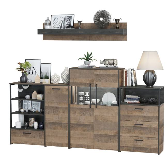 Комод с витриной с подсветкой с комодом с ящиком и дверкой и с комодом три ящика и ниша Трувор цвет дуб гранж песочный/интра Комод с витриной с подсветкой с комодом с ящиком и дверкой и с комодом три ящика и ниша Трувор цвет дуб гранж песочный/интра