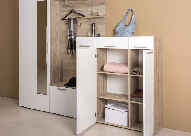 Прихожая Лайн № 5 цвет дуб крафт серый/фасады МДФ белый глянец