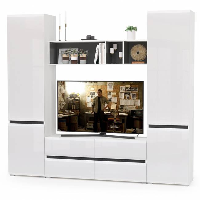 Стенка для гостиной Сидней № 6 цвет белый/чёрный/фасады МДФ белый глянец