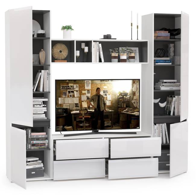 Стенка для гостиной Сидней № 6 цвет белый/чёрный/фасады МДФ белый глянец